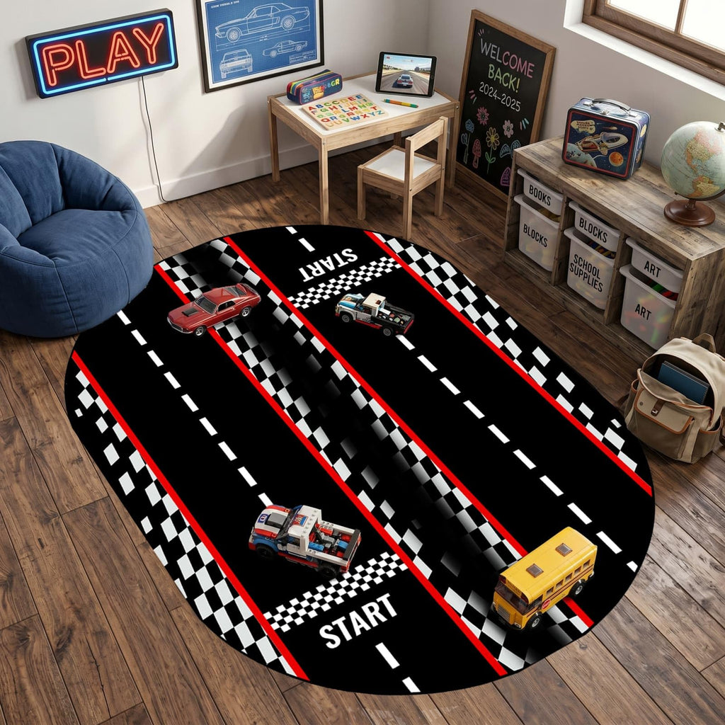 7x10ft Dual Lane Race Track Children Rug for Bedroom Black and White Checkered Start Line Car Rug Play Mat Non-Slip Easy Care Low-Pile Carpet for Racing Car Party Decor