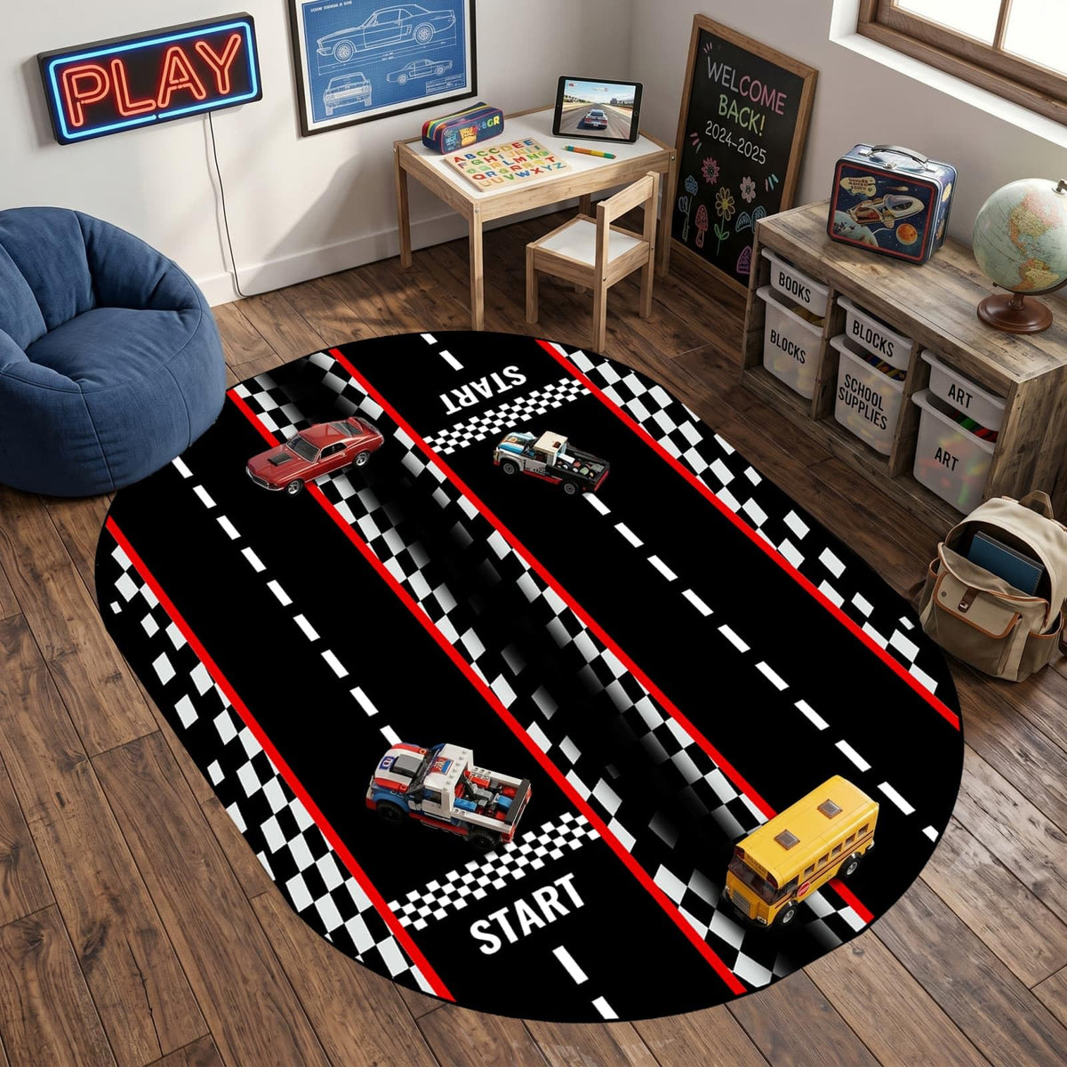 7x10ft Dual Lane Race Track Children Rug for Bedroom Black and White Checkered Start Line Car Rug Play Mat Non-Slip Easy Care Low-Pile Carpet for Racing Car Party Decor