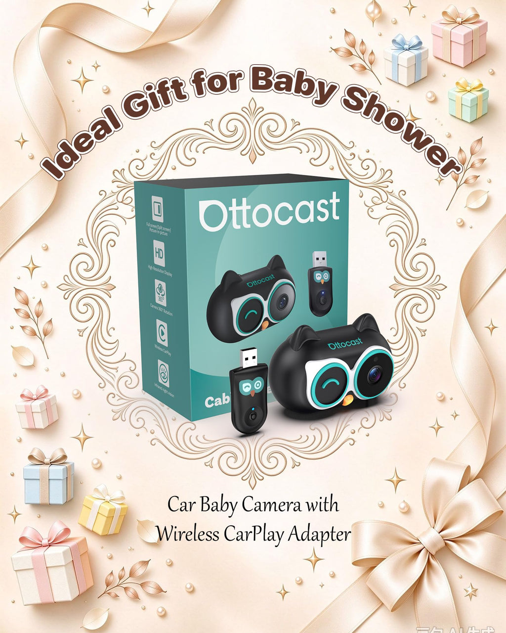 OTTOCAST Cabin Care Baby Camera for Car, Wireless CarPlay Adapter in One