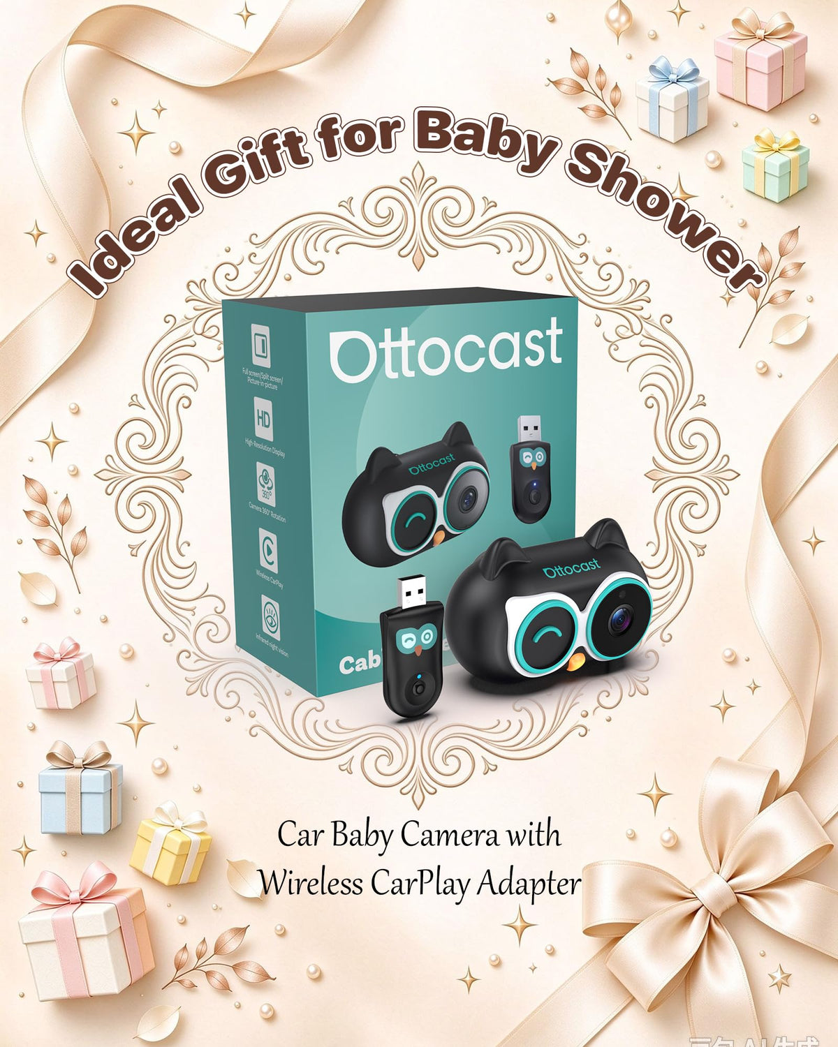 OTTOCAST Cabin Care Baby Camera for Car, Wireless CarPlay Adapter in One