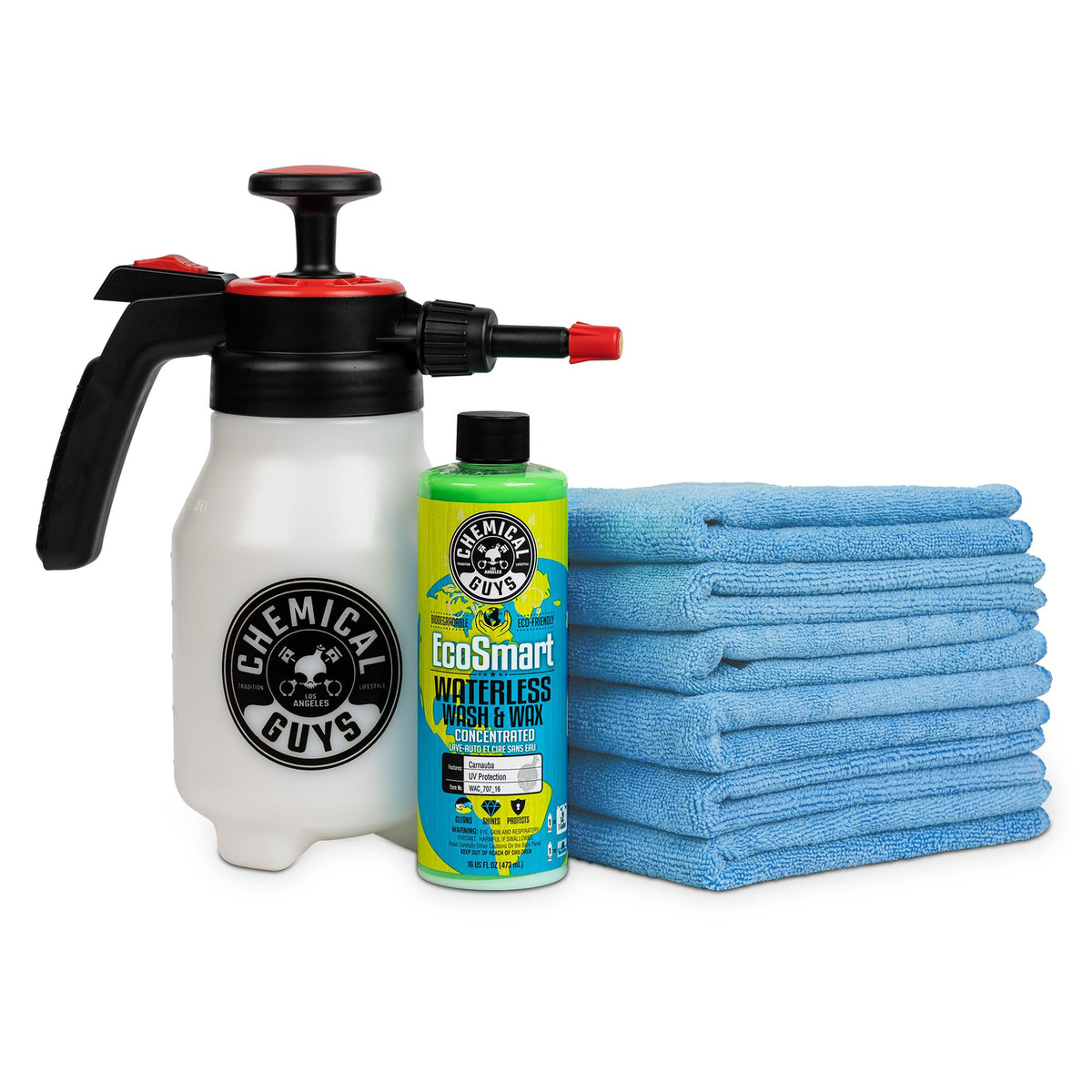 Chemical Guys ACC503 Mr. Sprayer Pressure Atomizer & Pump Sprayer (50 oz Bottle) + WAC_707 EcoSmart Hyper Concentrated Waterless Car Wash Wax, 128 oz + MIC_506_12 Microfiber Towels, Gold (16"x16")