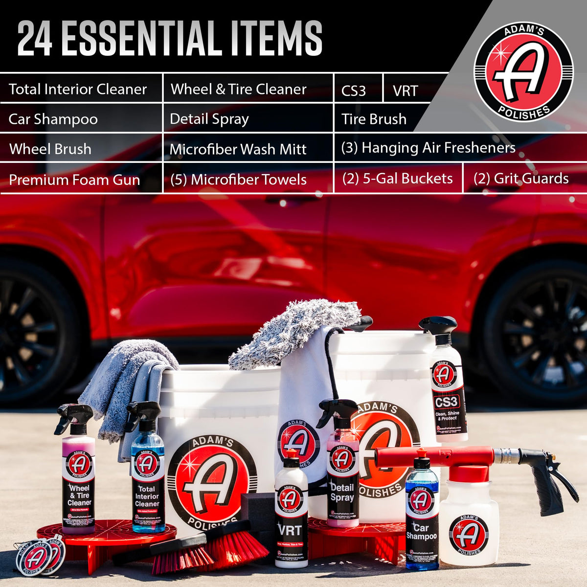 Adam's Essential Car Wash Kit (24-Item) - Auto Detailing Car Care Cleaning Kit with Foam Gun & Bucket Car & Truck Lovers, Dads, Moms and DIYers