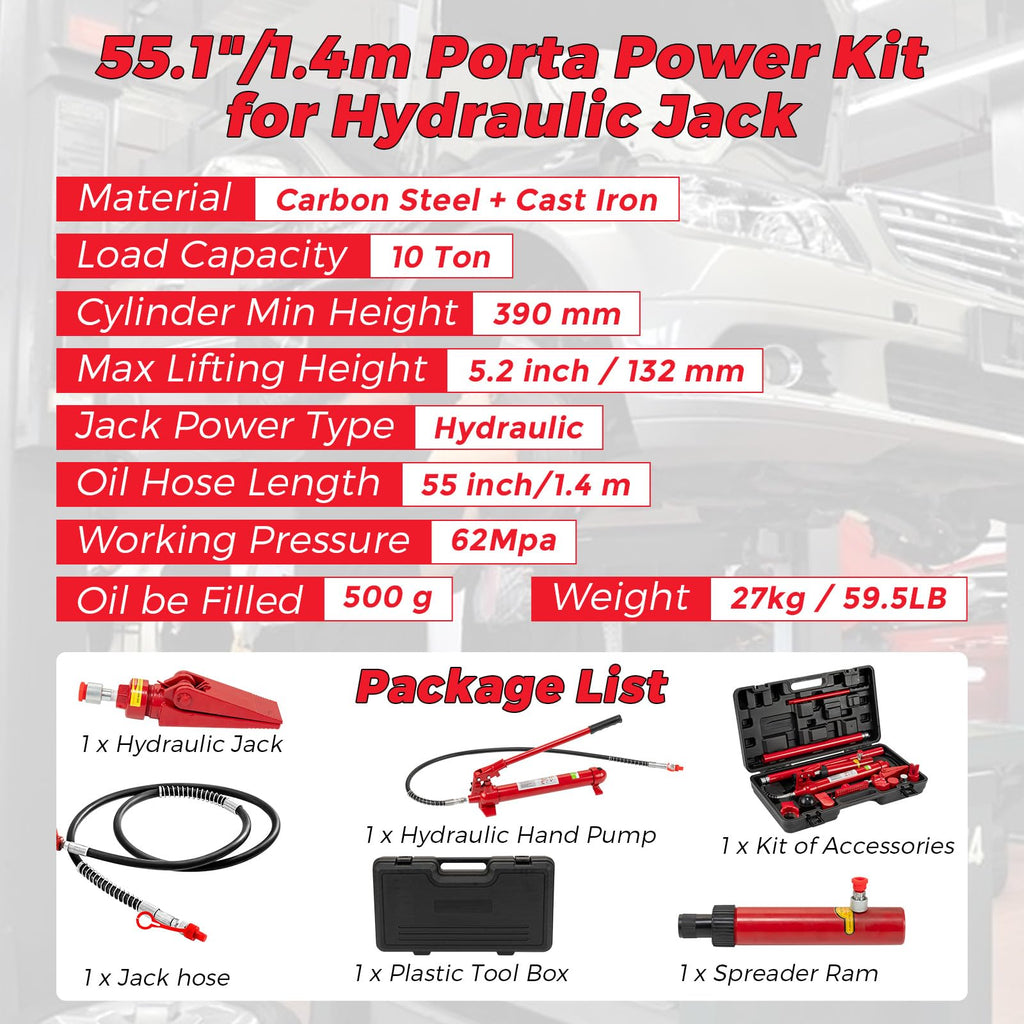 12 Ton Porta Power Hydraulic Kit with 4.6 ft/1.4 m Oil Hose,Portable Car Jack,8800 Lbs Capacity,Hydraulic Multifunctional Jack, Auto Body Frame Repair Kit, Storage Case, for Car Repair, Truck, Garage