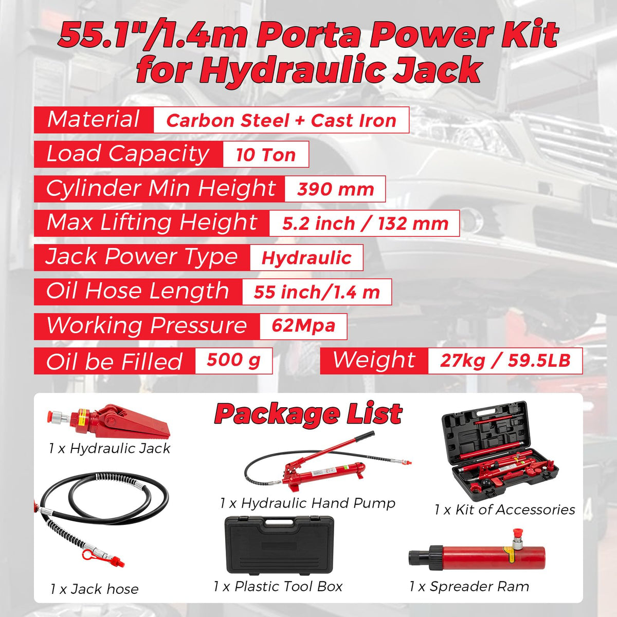 12 Ton Porta Power Hydraulic Kit with 4.6 ft/1.4 m Oil Hose,Portable Car Jack,8800 Lbs Capacity,Hydraulic Multifunctional Jack, Auto Body Frame Repair Kit, Storage Case, for Car Repair, Truck, Garage