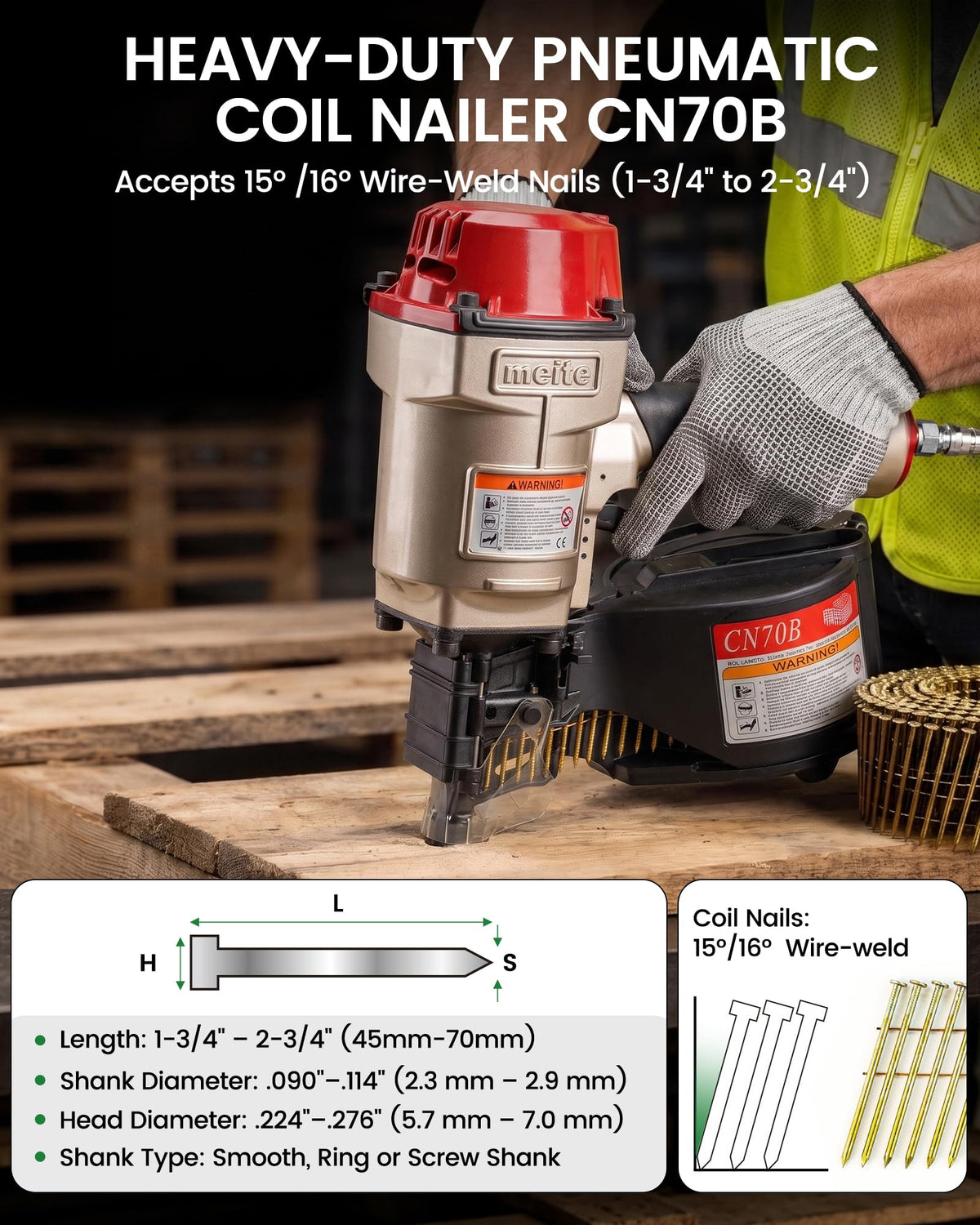 meite CN70B Coil Nailer Pneumatic Nail Gun for 15 Degree 1-3/4" to 2-3/4"