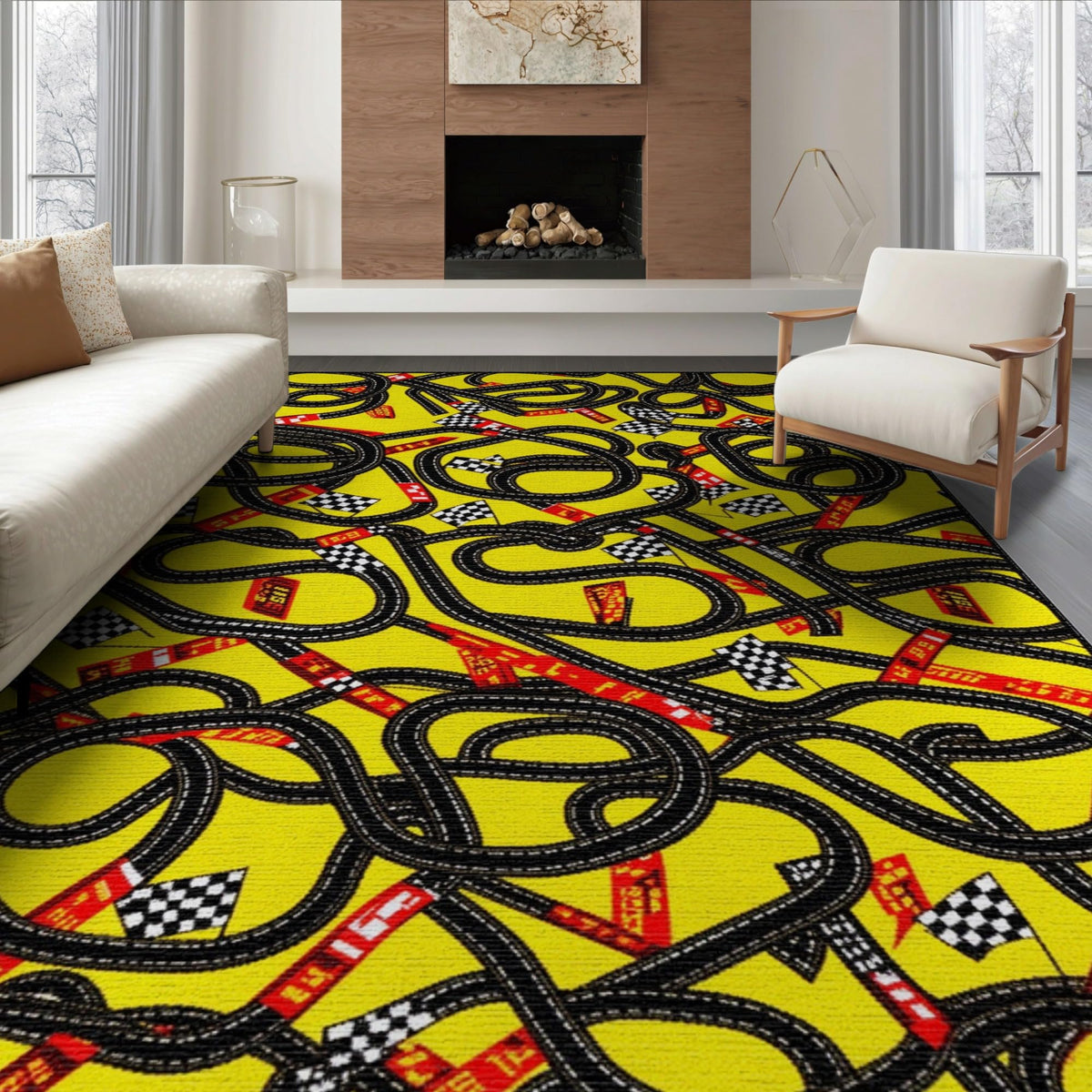6'x9' Blue Charcoal Race Track Design Washable Area Rug