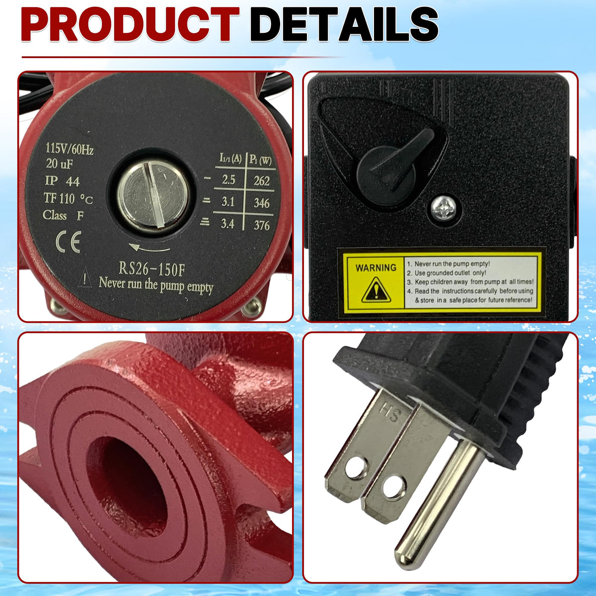 95906630 Hot Water Circulator Pump 115V 1/3 HP Fits for Grundfos UPS26-150F