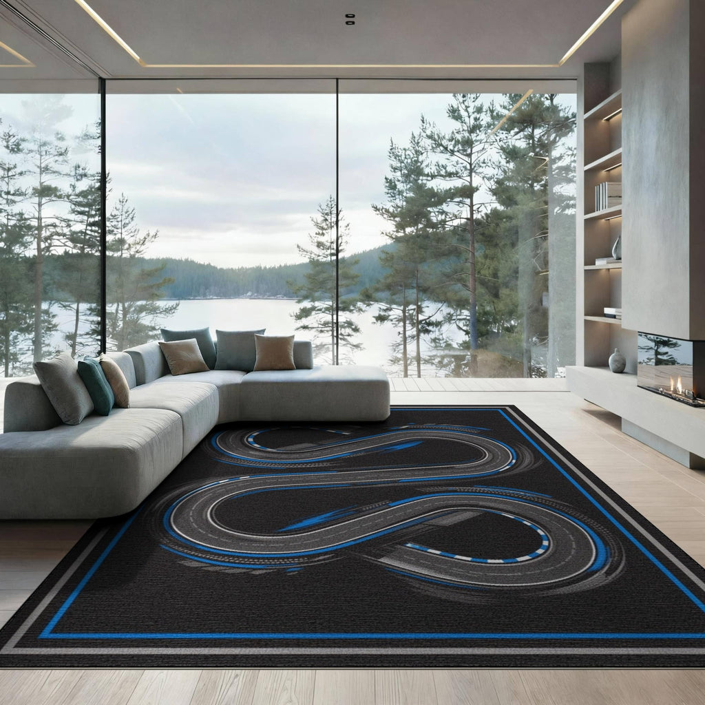 6'x9' Blue Charcoal Race Track Design Washable Area Rug