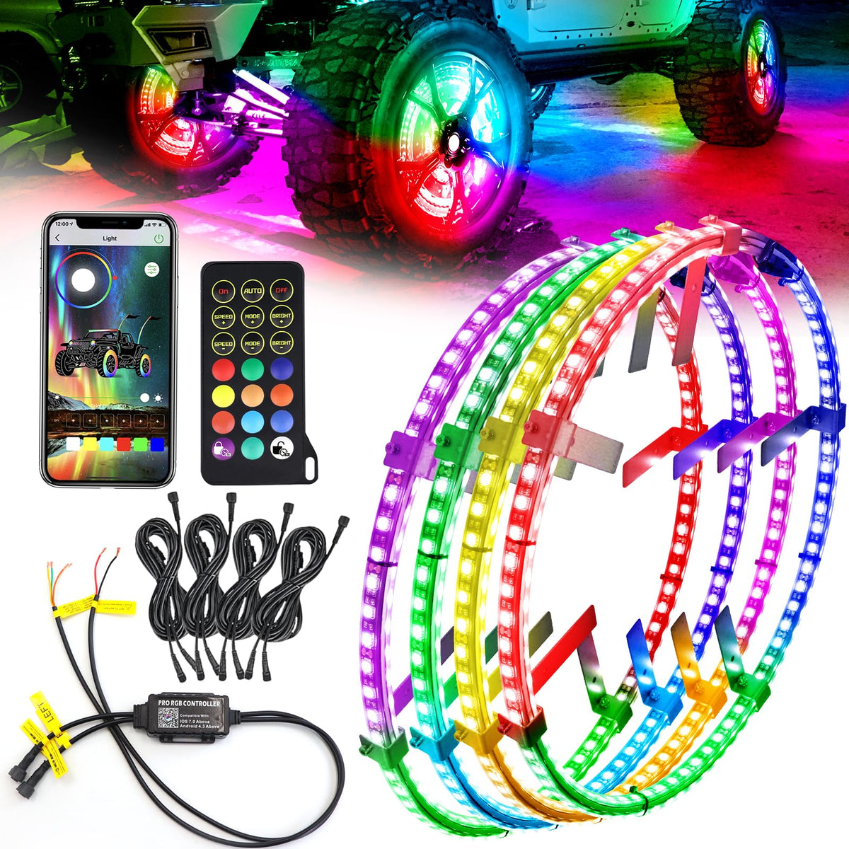 4PCS 17" Chasing Dual Sided LED Wheel Ring Lights for Trucks Car, Dual Ctrl