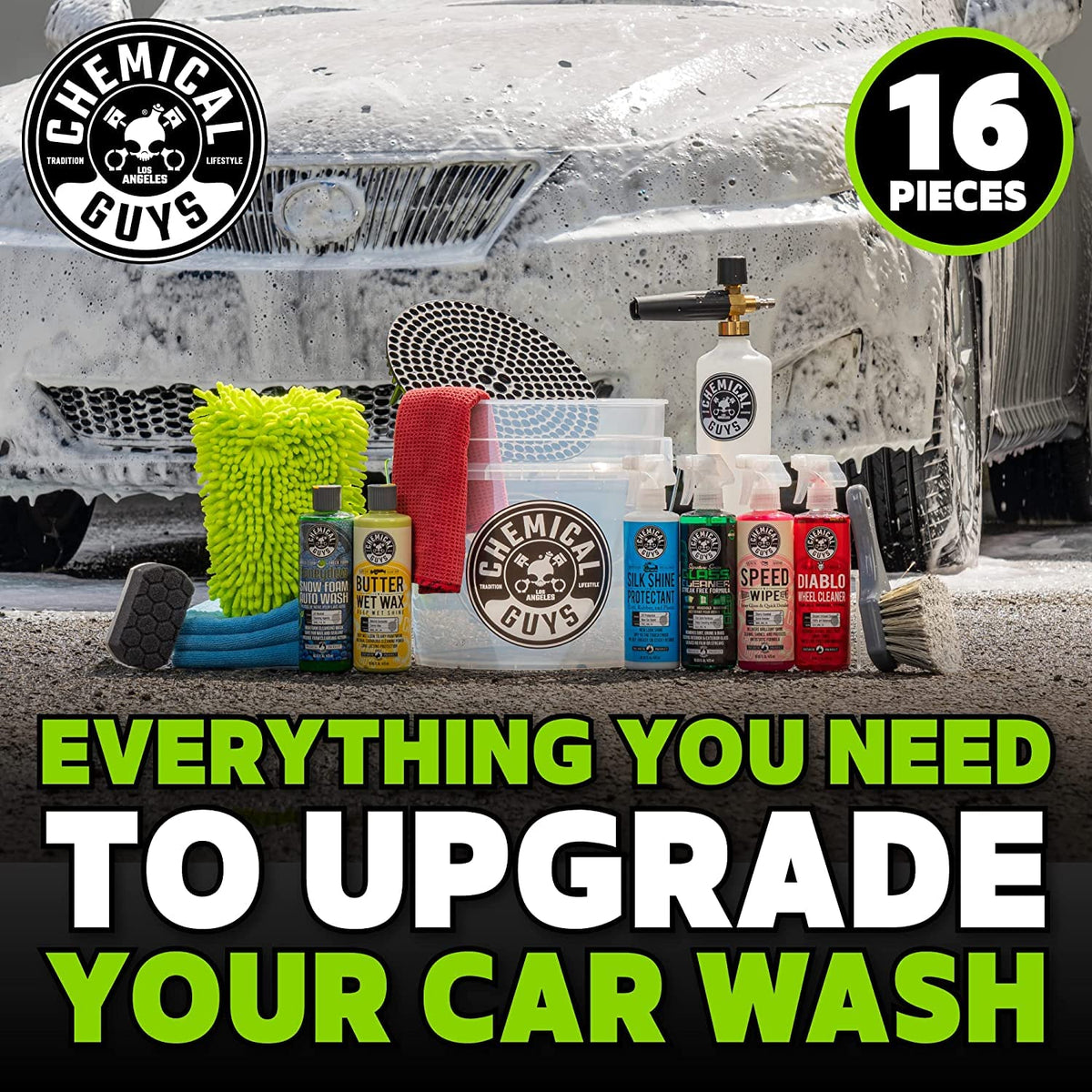 Chemical Guys CWS_402FC 16-Piece Arsenal Builder Carwash Kit, Foam Cannon, Bucket (6) 16 oz Car Care Cleaning Chemicals (Works w/Pressure Washers) with Mr. Pink Foaming Car Wash Soap, 16 oz