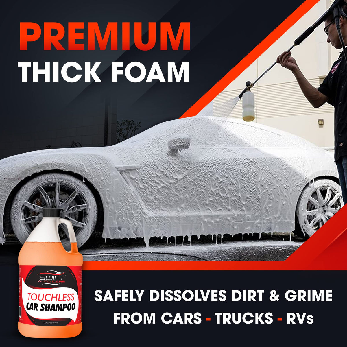 Swift Touchless Car Wash Shampoo (5 Gallon) - No Brushing Required, High Foaming Car Soap, Heavy Duty, Auto Detergent for Foam Cannon, Works on Cars, Trucks, RVs, Upholstery & More!