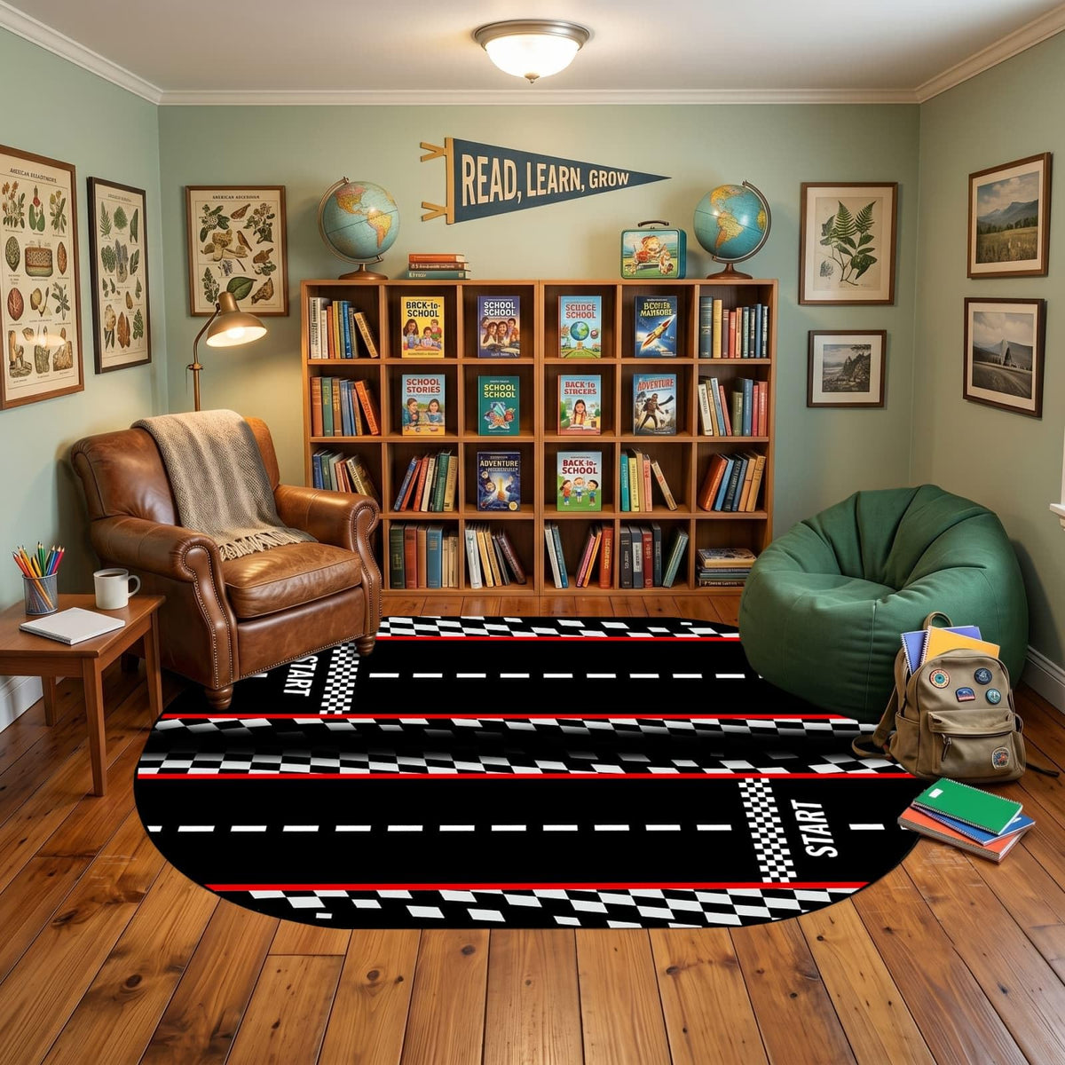 7x10ft Dual Lane Race Track Children Rug for Bedroom Black and White Checkered Start Line Car Rug Play Mat Non-Slip Easy Care Low-Pile Carpet for Racing Car Party Decor
