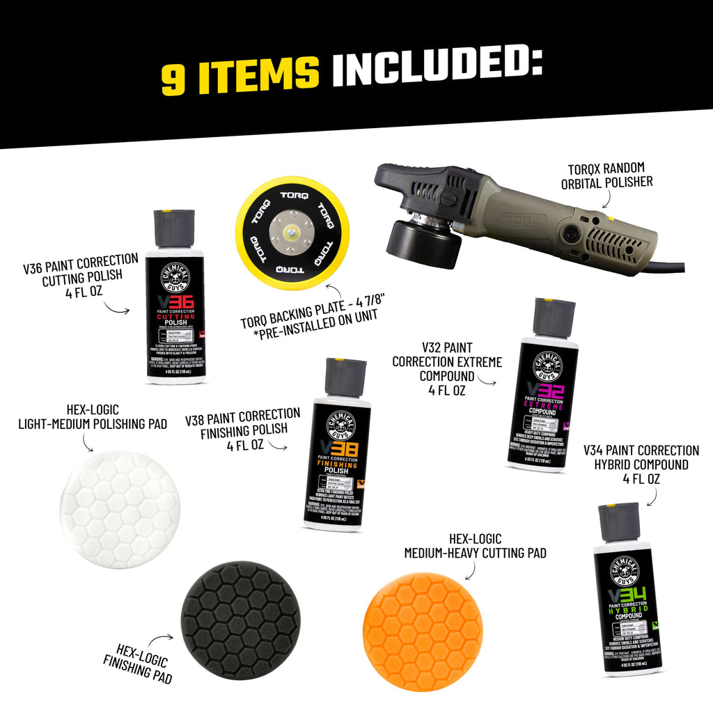 Chemical Guys Car Polisher, TORQX Random Orbital Polisher Kit, 9-Piece