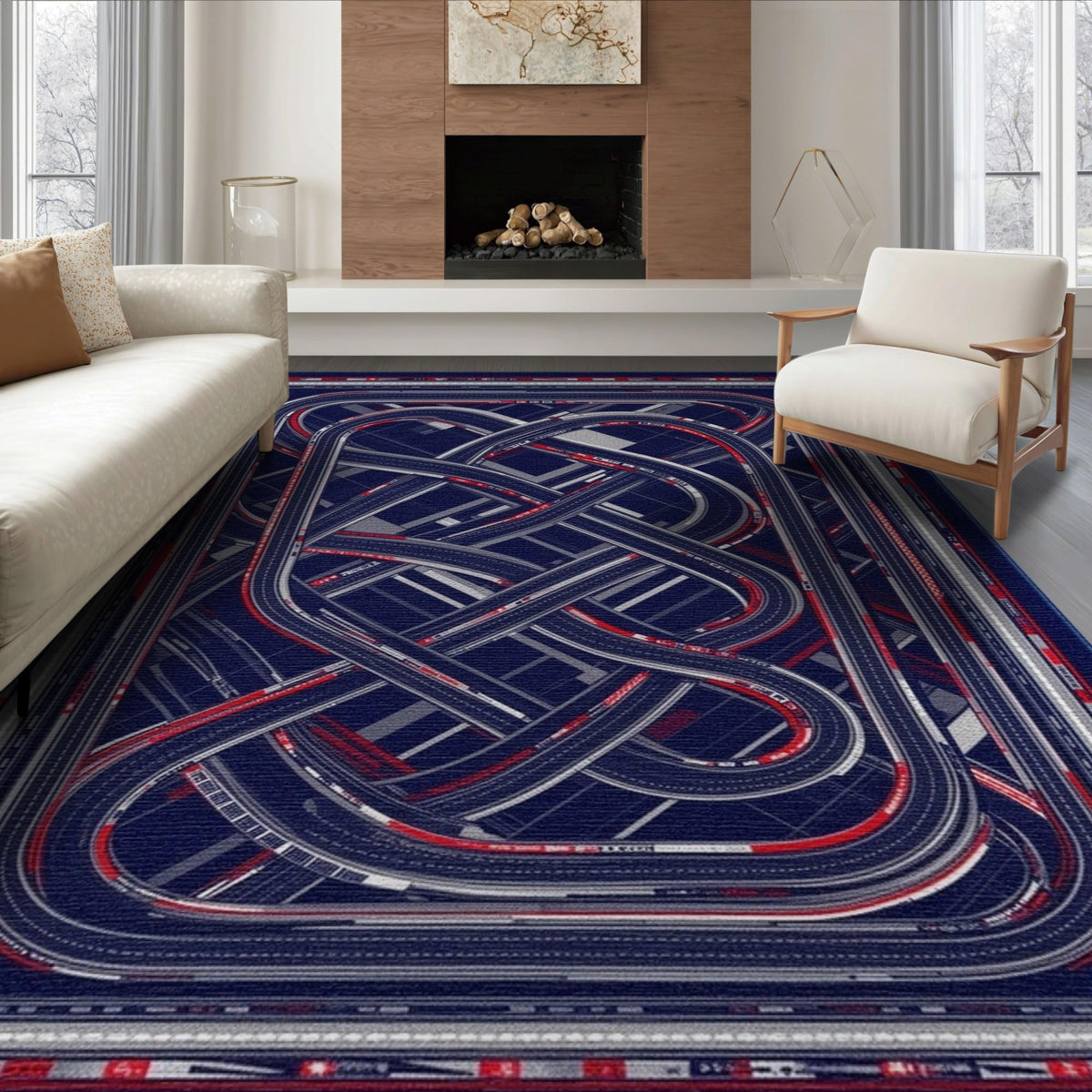 6'x9' Blue Charcoal Race Track Design Washable Area Rug