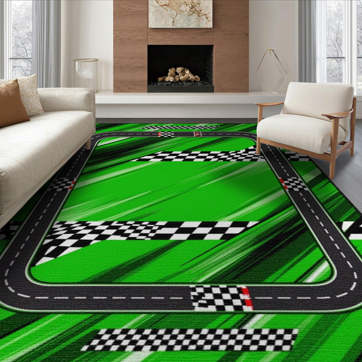 6'x9' Blue Charcoal Race Track Design Washable Area Rug