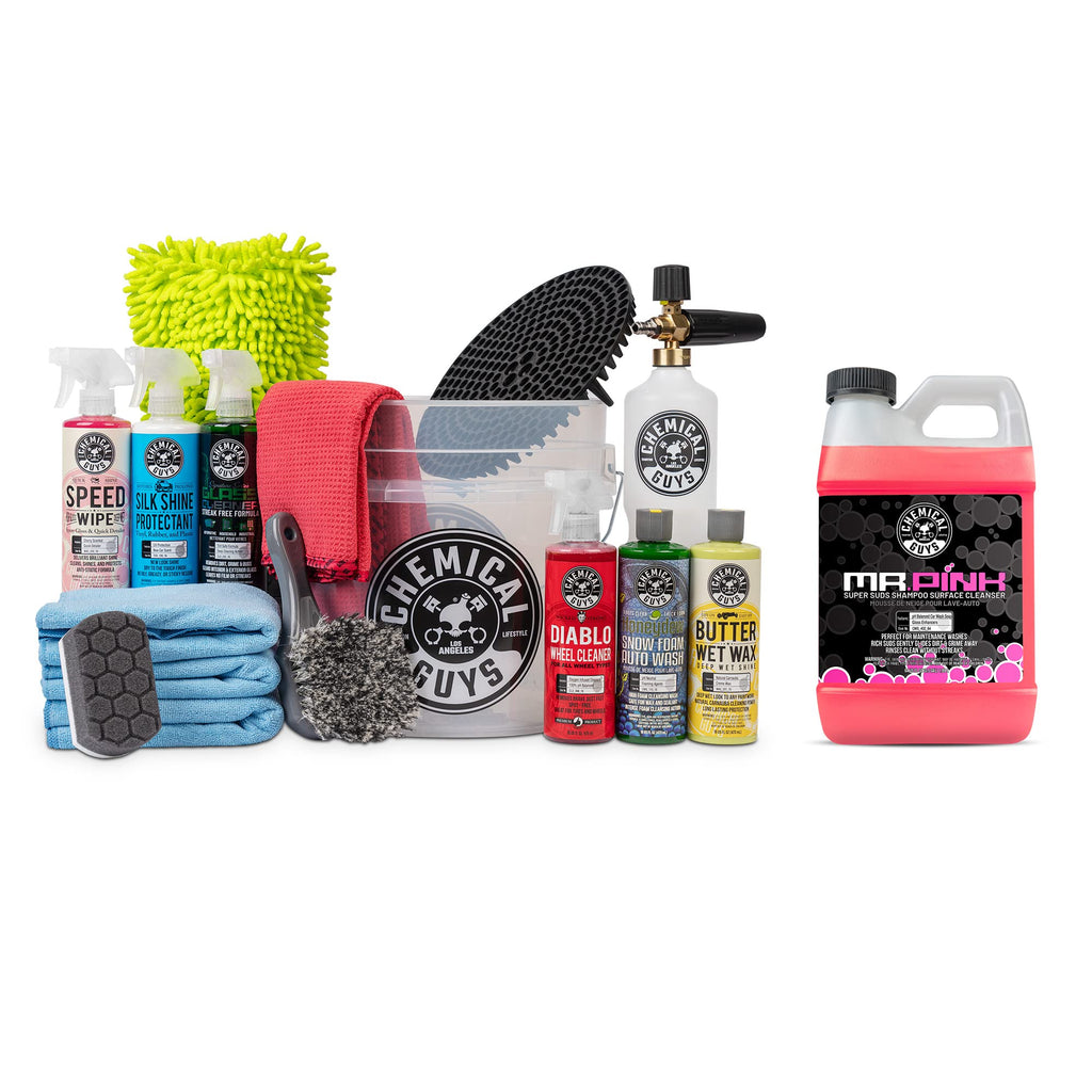 Chemical Guys HOL169 16-Piece Arsenal Builder Carwash Kit, Foam Cannon, Bucket (6) 16 oz Car Care Cleaning Chemicals (Works w/Pressure Washers) with Mr. Pink Foaming Carwash Soap, 64 oz, Candy Scent
