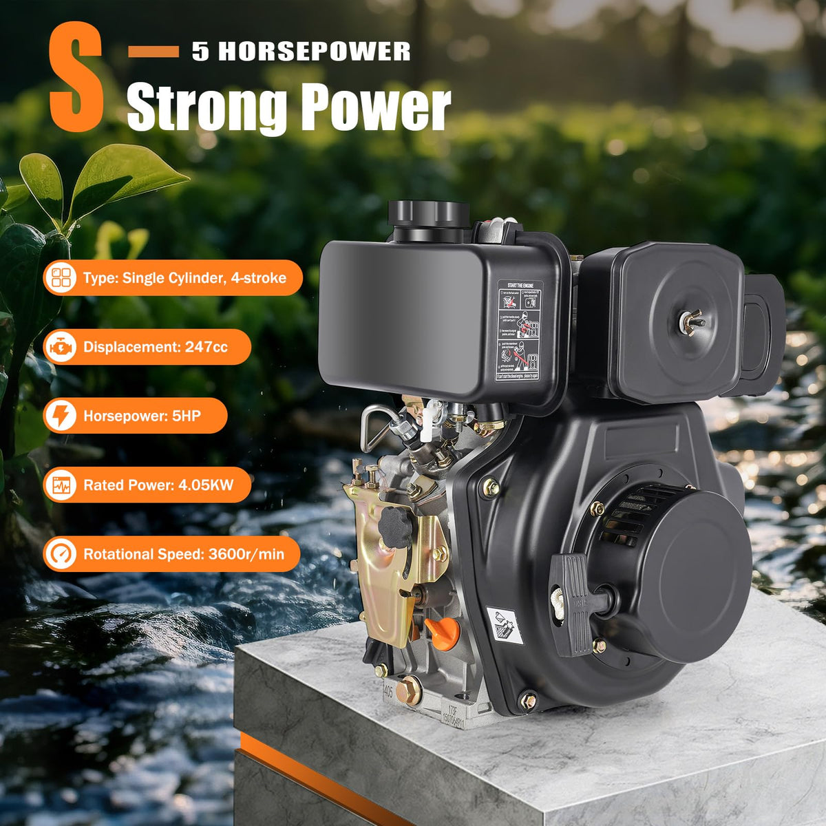 5HP 247CC 4-Stroke Diesel Engine, 3600r/min Air Cooled Vertical Shaft Motor Heavy Duty Machinery Generators Upright Manual Small Diesel Engine for Micro Tillers Water Pumps Irrigation Drainage Machine