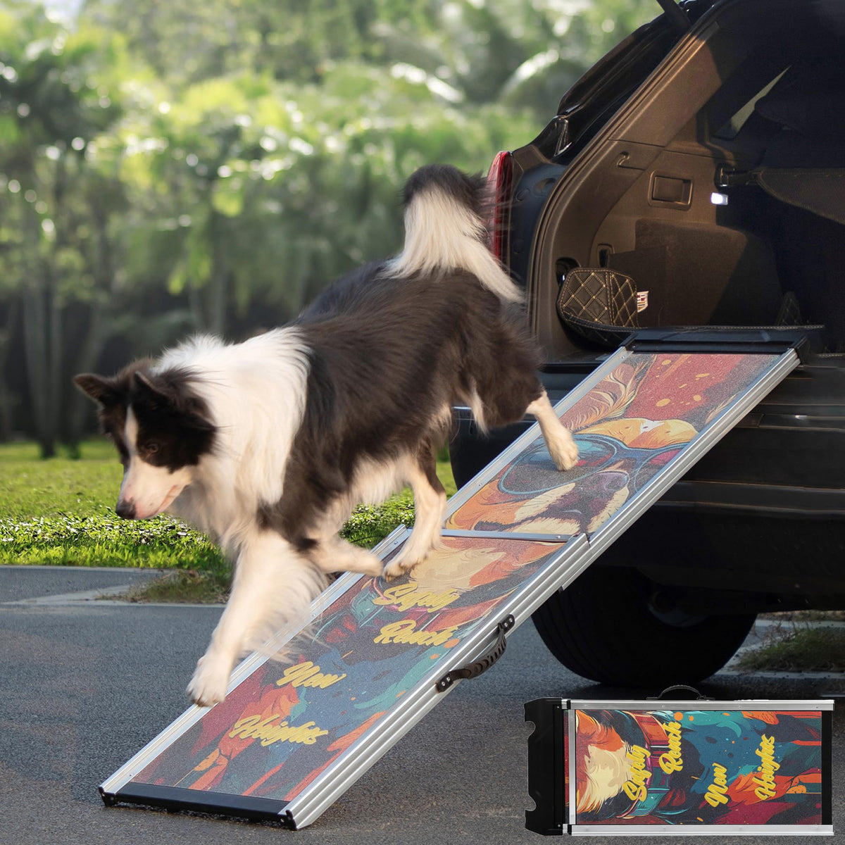 COZIWOW Extra-Long Foldable Aluminum Dog Ramp for Car SUV, 330LBS Heavy Duty Pet Ramp with Handles, Gentle Slope for Joint Care, Portable for Small Medium Large Senior Dogs