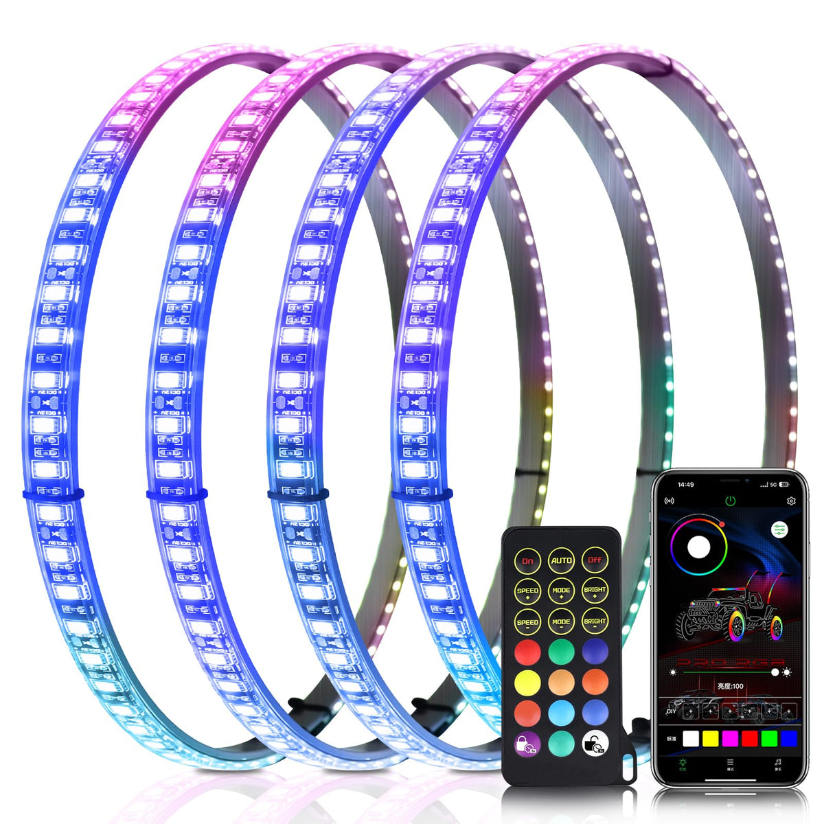 4PCS 17" Chasing Dual Sided LED Wheel Ring Lights for Trucks Car, Dual Ctrl