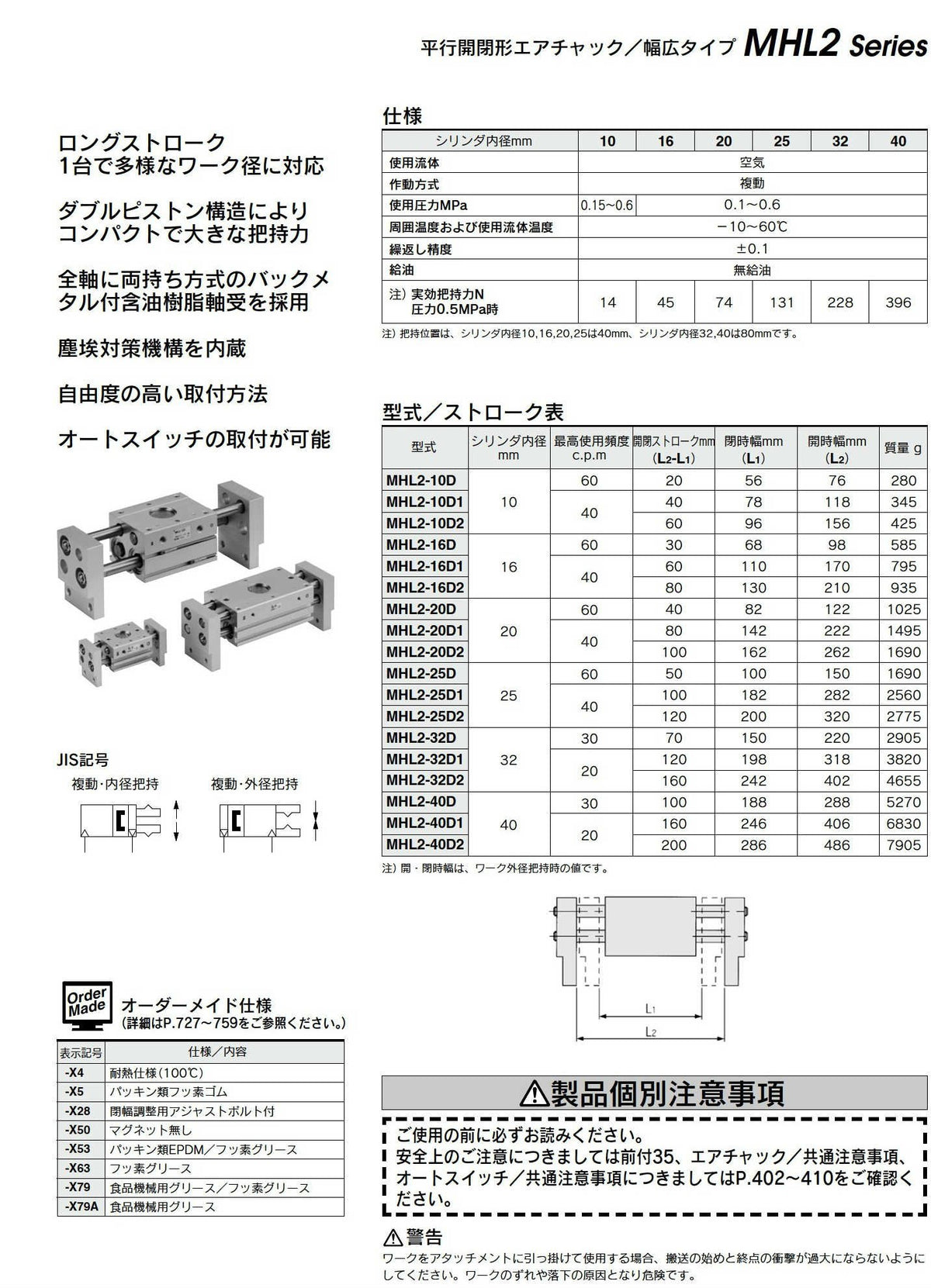 SMC MHL2-10D1-Y59A 10 MM BORE, 2 Fingers, 3 Wire NPN in-LINE AUTO Switch, Double Acting, M Thread, Parallel Style, Pneumatic Gripper, Series MHL2, Wide Opening, Wide Stroke
