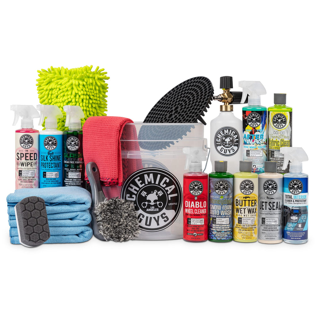 Chemical Guys HOL169 16-Piece Arsenal Builder Carwash Kit, Foam Cannon, Bucket (6) 16 oz Car Care Cleaning Chemicals (Works w/Pressure Washers) with Mr. Pink Foaming Carwash Soap, 64 oz, Candy Scent