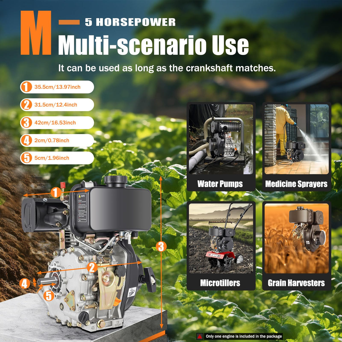5HP 247CC 4-Stroke Diesel Engine, 3600r/min Air Cooled Vertical Shaft Motor Heavy Duty Machinery Generators Upright Manual Small Diesel Engine for Micro Tillers Water Pumps Irrigation Drainage Machine