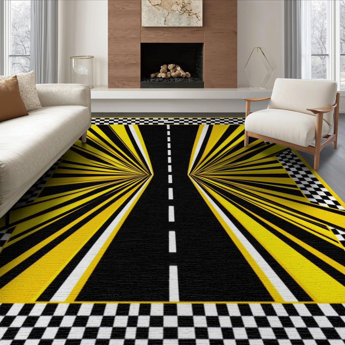6'x9' Blue Charcoal Race Track Design Washable Area Rug