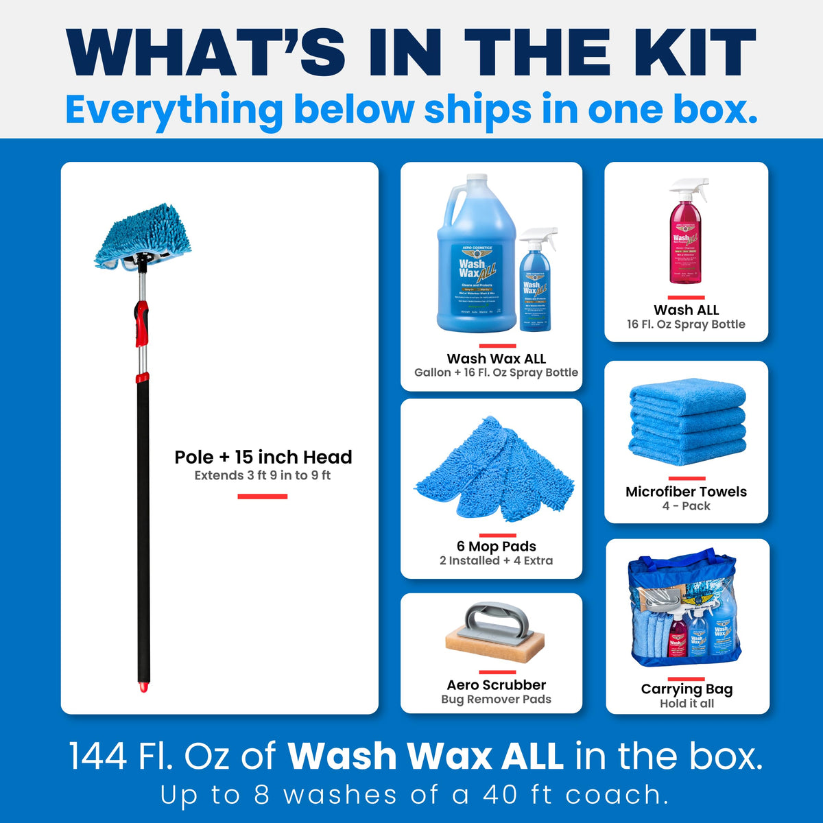 Aero Cosmetics Waterless RV Wash Wax Mop Kit, 9 ft Pole, Boat Aircraft