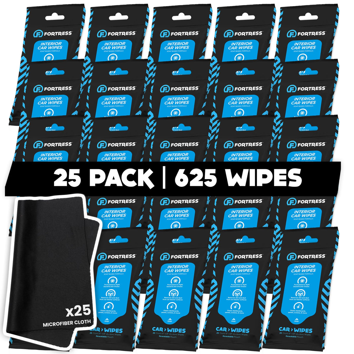 Fortress Car Interior Cleaner Wipes, Microfiber Cloth (25 ct, Pack of 64)