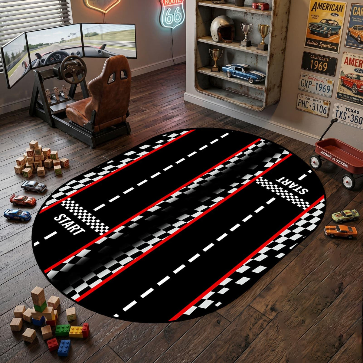 7x10ft Dual Lane Race Track Children Rug for Bedroom Black and White Checkered Start Line Car Rug Play Mat Non-Slip Easy Care Low-Pile Carpet for Racing Car Party Decor