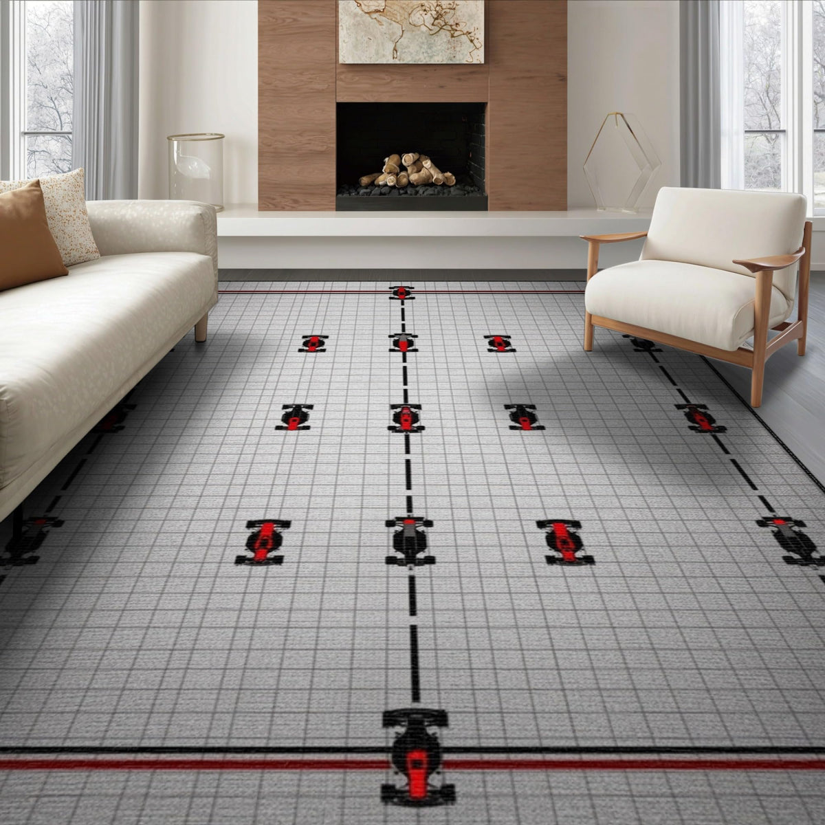 6'x9' Blue Charcoal Race Track Design Washable Area Rug