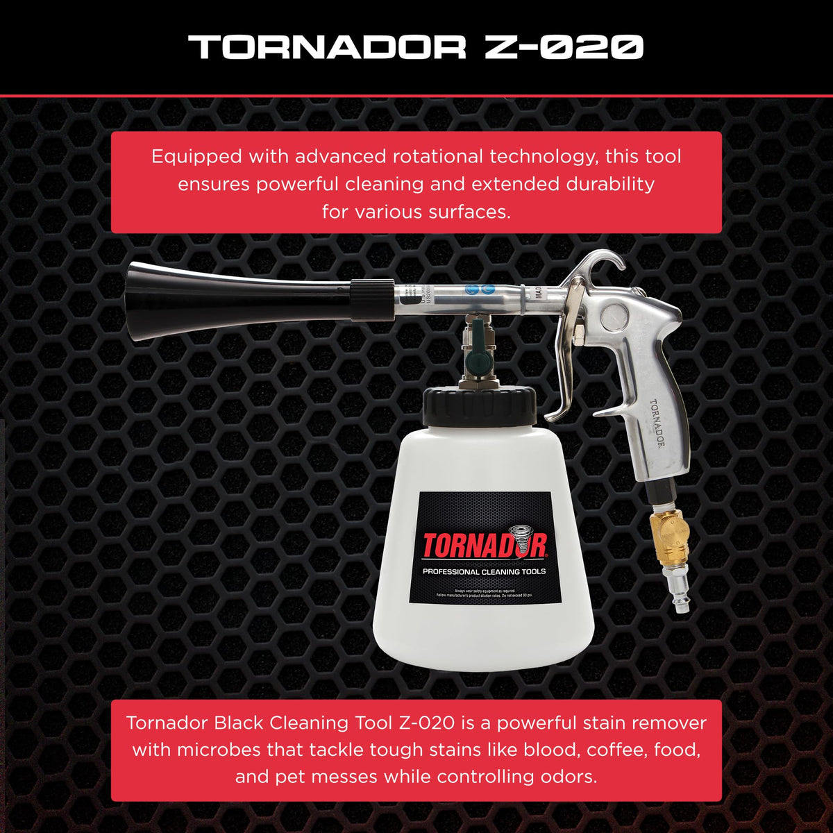 Tornador Black Z-020 Car Detailing Tool Includes 32oz Reservoir | Professional High-Pressure Cleaning Gun for Auto Interiors | Adjustable Air Regulator | Low Noise & Air Consumption | Durable Design