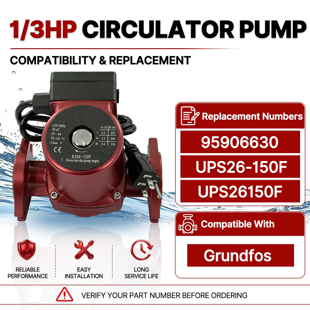 95906630 Hot Water Circulator Pump 115V 1/3 HP Fits for Grundfos UPS26-150F