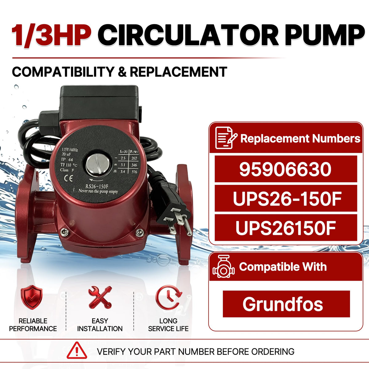 95906630 Hot Water Circulator Pump 115V 1/3 HP Fits for Grundfos UPS26-150F