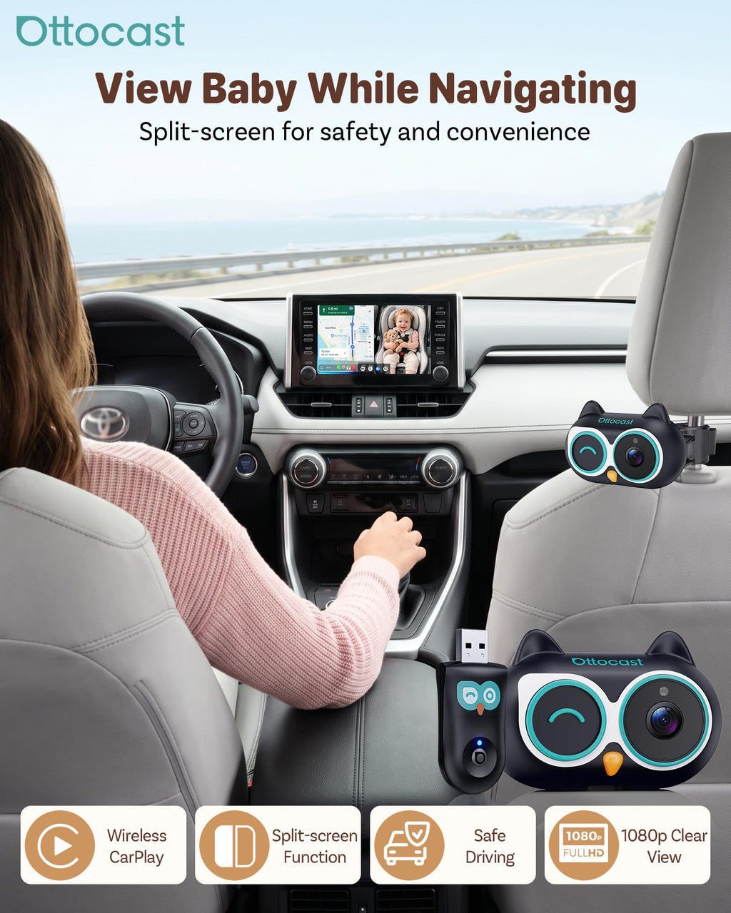 OTTOCAST Cabin Care Baby Camera for Car, Wireless CarPlay Adapter in One