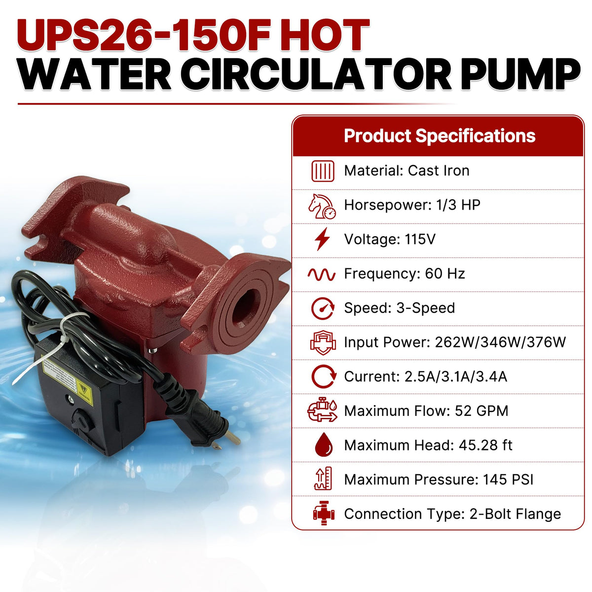 95906630 Hot Water Circulator Pump 115V 1/3 HP Fits for Grundfos UPS26-150F