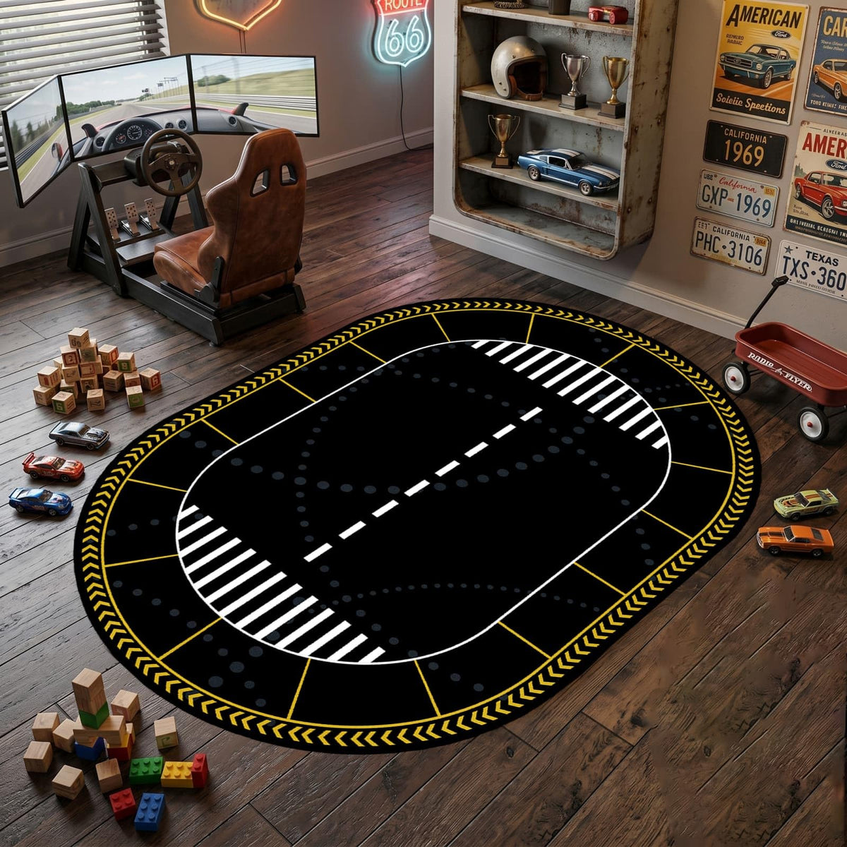 7x10ft Dual Lane Race Track Children Rug for Bedroom Black and White Checkered Start Line Car Rug Play Mat Non-Slip Easy Care Low-Pile Carpet for Racing Car Party Decor
