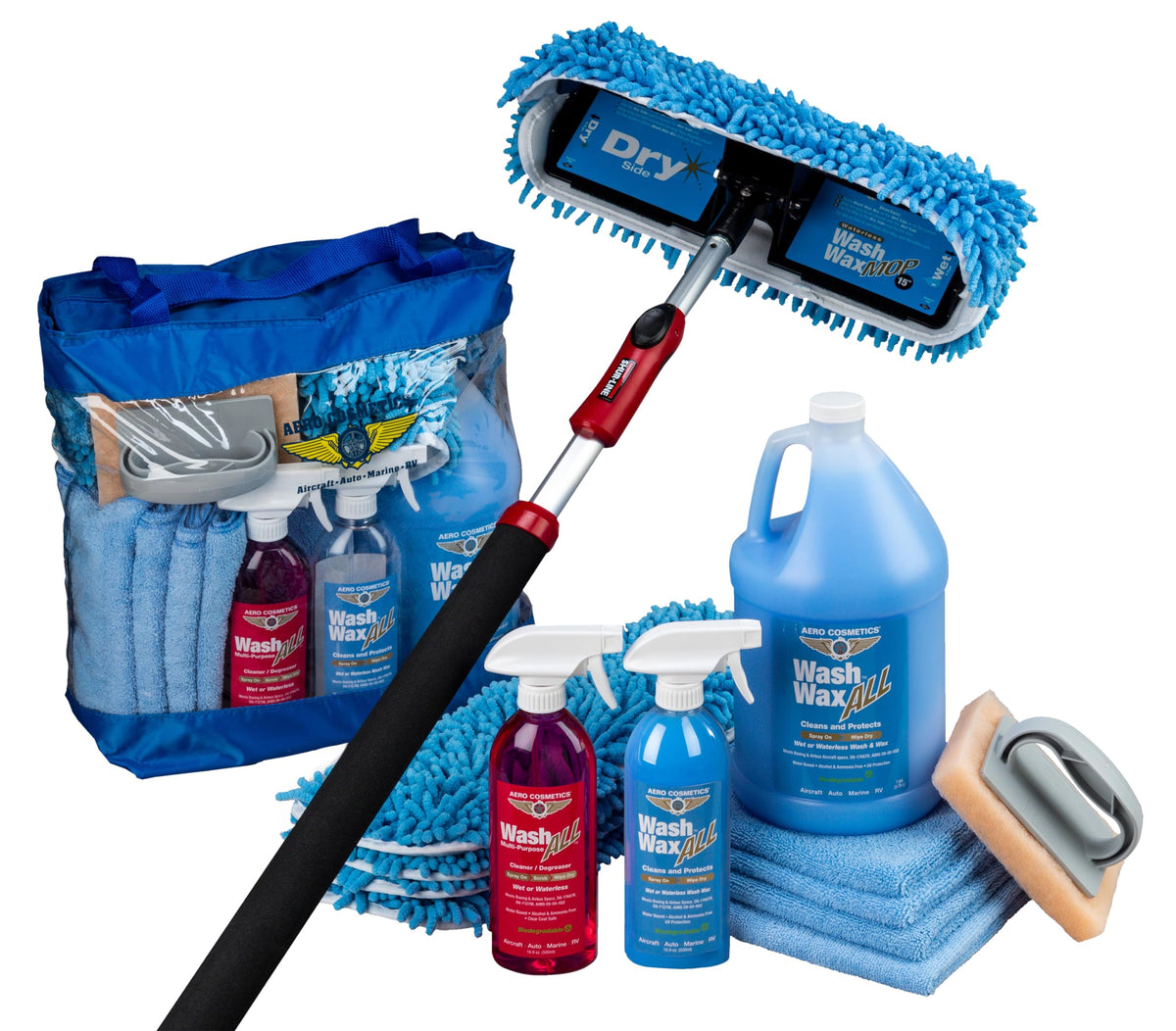 Aero Cosmetics Waterless RV Wash Wax Mop Kit, 9 ft Pole, Boat Aircraft