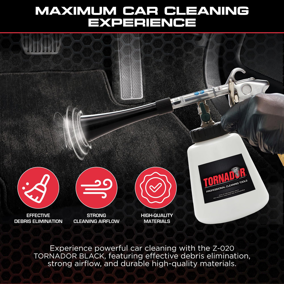 Tornador Black Z-020 Car Detailing Tool Includes 32oz Reservoir | Professional High-Pressure Cleaning Gun for Auto Interiors | Adjustable Air Regulator | Low Noise & Air Consumption | Durable Design