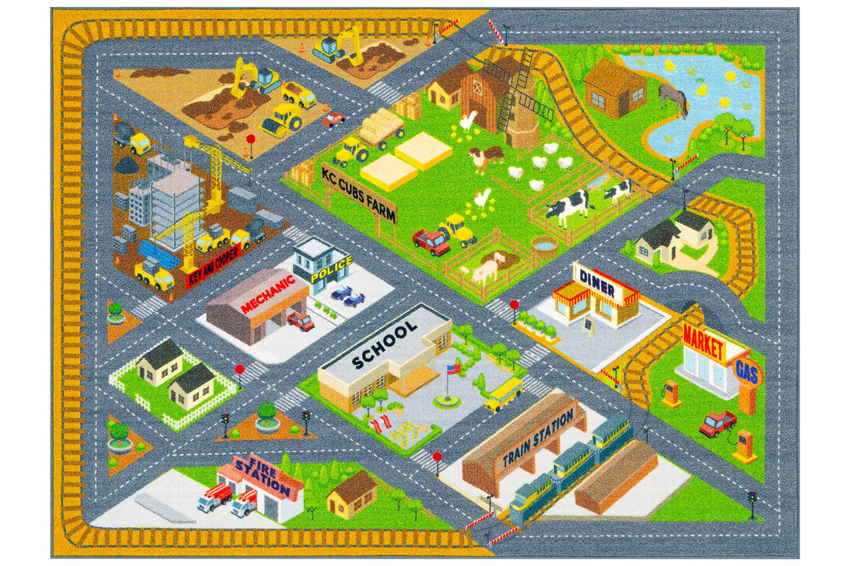 KC Cubs 8x10 City Streets Car Road Rug – Educational Non-Slip Play Mat for Kids, Toddlers, Nursery, Classroom, Playroom, Baby Daycare, Boy Girl Carpet