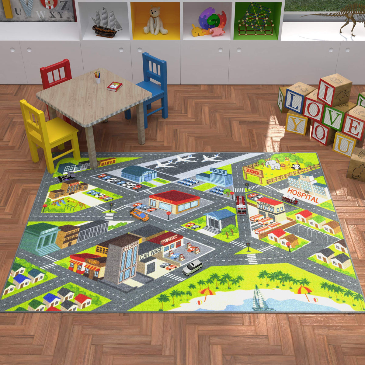 KC Cubs 8x10 City Streets Car Road Rug – Educational Non-Slip Play Mat for Kids, Toddlers, Nursery, Classroom, Playroom, Baby Daycare, Boy Girl Carpet