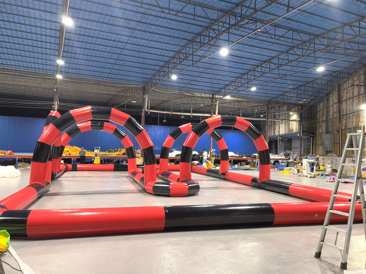 Alessia Cara Outdoor Giant Inflatable Air Track Inflatable go Kart Inflatable Race Track Inflatable Bumper car Race Track（50ftx30ft,with Blower）, Red+black, funny24031701